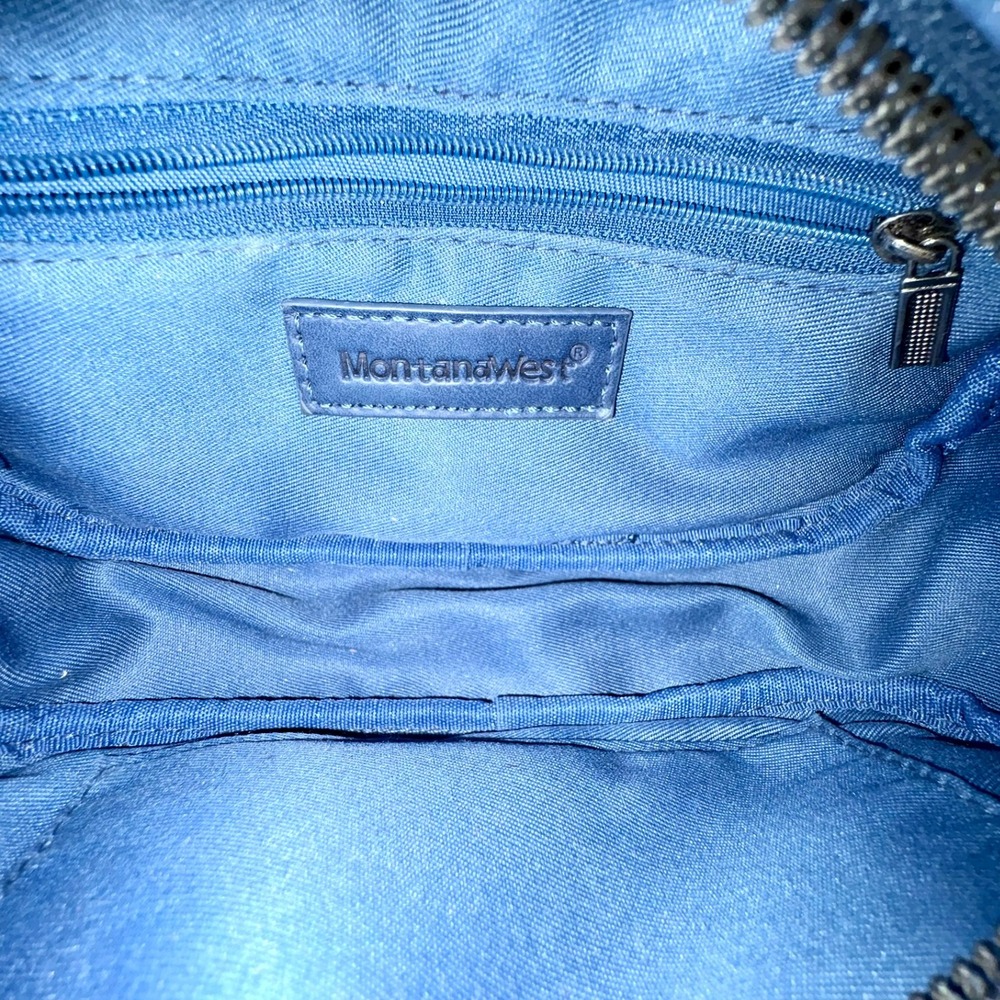 Montana West‎ Blue Lizard Embossed Crossbody Bag Woven Stripe Guitar Strap Logo - Picture 12 of 13